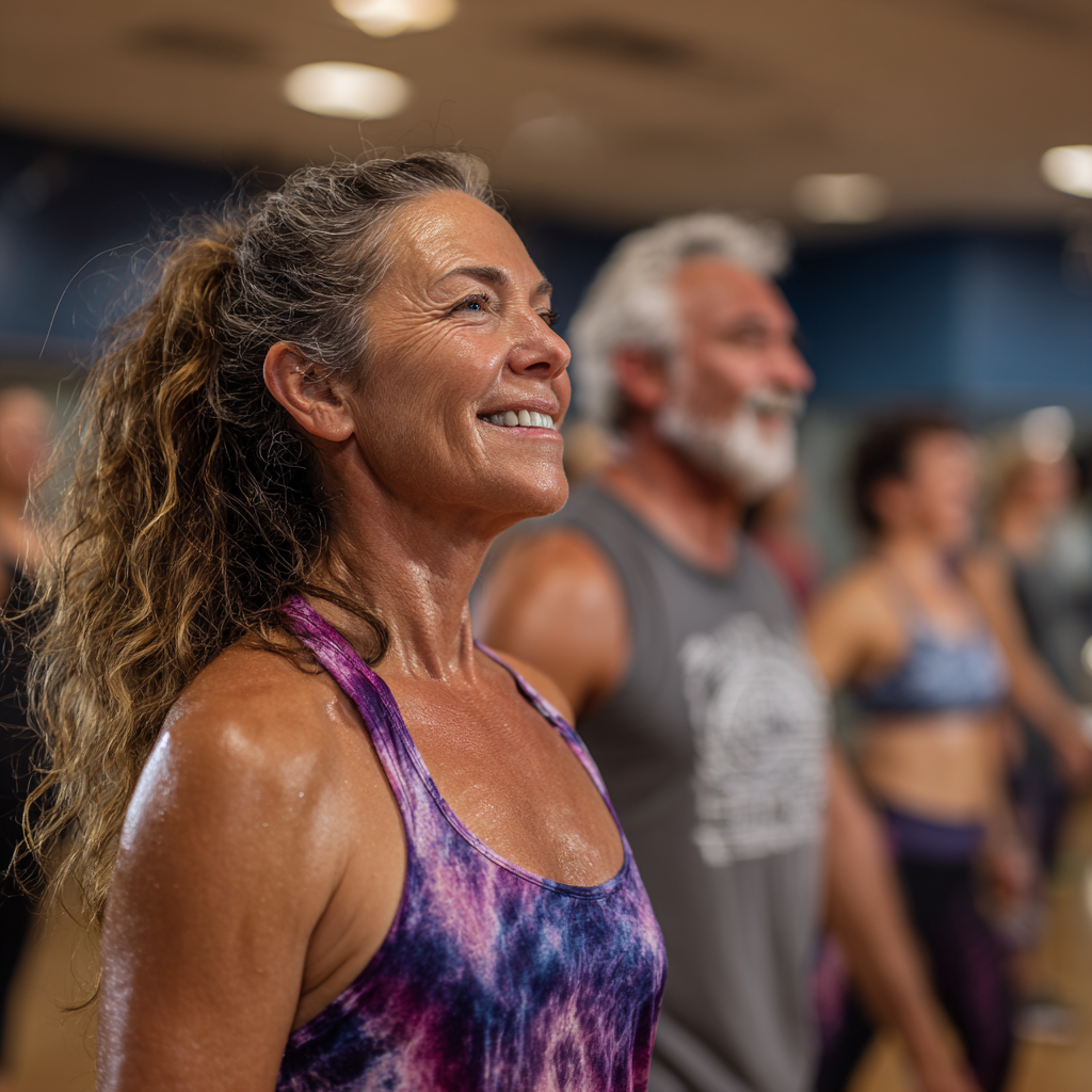 Mature adults participating in group fitness class with certified trainer