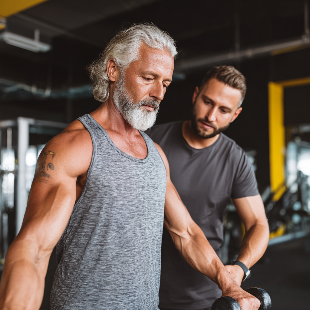 Middle-aged person exercising with professional trainer in modern fitness facility